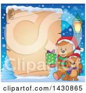 Poster, Art Print Of Border Of A Happy Christmas Bear And Cub Walking With A Gift Over Parchment Paper