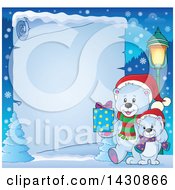 Poster, Art Print Of Border Of A Happy Christmas Polar Bear And Cub Walking With A Gift Over Icy Parchment Paper
