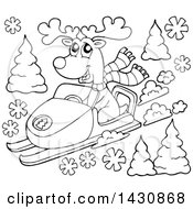 Poster, Art Print Of Black And White Lineart Reindeer Snow Mobiling