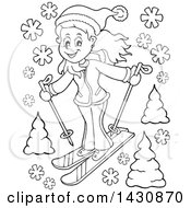Poster, Art Print Of Black And White Lineart Girl Skiing