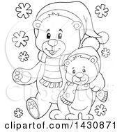 Poster, Art Print Of Black And White Lineart Happy Christmas Bear And Cub Walking