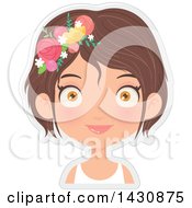 Happy Brunette Caucasian Girl With Purple Flowers In Her Hair