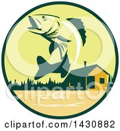 Poster, Art Print Of Retro Walleye Fish Jumping In Front Of A Lake Cabin In A Green And Orange Circle