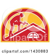 Poster, Art Print Of Retro Male Worker Using A Hand Drill On A Roof In A White Red And Orange Half Circle