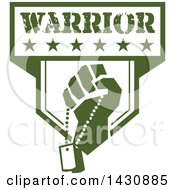 Retro Clenched Fist Holding Military Dog Tags In A Green And White Warrior Crest
