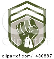 Retro Clenched Fist Holding Military Dog Tags In A Green White And Taupe Crest
