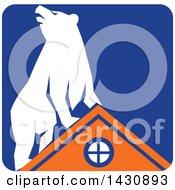 Poster, Art Print Of Retro White Bear On Top Of An Orange House In A Blue Square