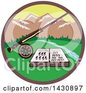 Retro Fly Box And Rod On Wheel In A Circle With A River And Mountains
