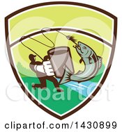 Poster, Art Print Of Retro Silhouetted Man Holding Out A Coffee Mug And Reeling In A Hooked Salmon Fish In A Shield With A River
