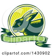 Poster, Art Print Of Retro Woodcut Rabbit In A Sunrise Circle With A Green Banner