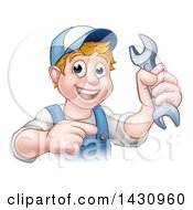 Clipart Of A Cartoon Happy White Male Mechanic Holding Up A Wrench And Pointing Royalty Free Vector Illustration