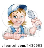 Poster, Art Print Of Cartoon Happy White Female Plumber Holding An Adjustable Wrench And Pointing