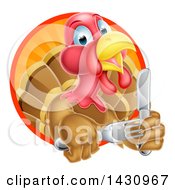 Poster, Art Print Of Thanksgiving Turkey Bird Holding Silverware In A Sunset Circle