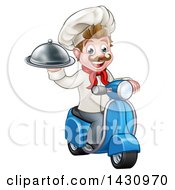 Cartoon Happy White Male Chef Holding A Cloche On A Delivery Scooter