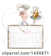 Cartoon Caucasian Male Chef With A Curling Mustache Holding A Kebab Sandwich On A Tray Pointing Down Over A Blank Menu Sign