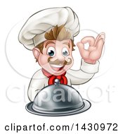 Cartoon Happy Young White Male Chef Holding A Cloche Platter And Gesturing Ok Or Perfect