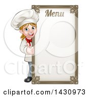 Poster, Art Print Of Happy Young Blond White Female Chef Giving A Thumb Up Around A Menu Board