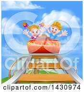 Clipart Of A Happy White Boy And Girl At The Top Of A Roller Coaster Ride Against A Blue Sky With Clouds Royalty Free Vector Illustration by AtStockIllustration