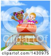 Clipart Of Happy White And Black Girls At The Top Of A Roller Coaster Ride Against A Blue Sky With Clouds Royalty Free Vector Illustration