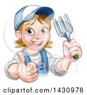 Poster, Art Print Of Cartoon Happy White Female Gardener In Blue Holding A Garden Fork And Giving A Thumb Up Over A Sign