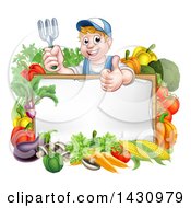 Poster, Art Print Of Young Caucasian Male Gardener In Blue Holding Up A Garden Fork And Giving A Thumb Up Over A Blank White Sign With Produce