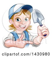 Poster, Art Print Of Cartoon Happy White Female Gardener In Blue Holding A Garden Trowel And Pointing