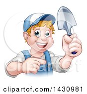 Poster, Art Print Of Cartoon Happy White Male Gardener In Blue Holding A Garden Trowel And Pointing