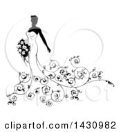 Clipart Of A Silhouetted Black And White Bride In A Wedding Gown With Swirls Royalty Free Vector Illustration