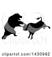 Poster, Art Print Of Black Silhouetted Stock Market Bull And Bear Fighting