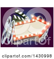 Poster, Art Print Of 3d Film Reel Clapperboard And An Illuminated Arrow Sign Over Blue