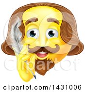 Clipart Of A Yellow Shakespeare Smiley Emoji Emoticon Holding A Feather Quill Pen Royalty Free Vector Illustration by AtStockIllustration