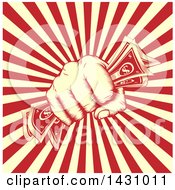 Clipart Of A Retro Engraved Revolutionary Fist Holding Money Over A Red And Yellow Burst Royalty Free Vector Illustration