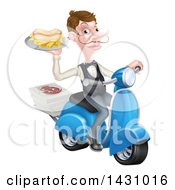 White Male Waiter With A Curling Mustache Holding A Hot Dog And Fries On A Platter Riding A Scooter With Pizza Boxes