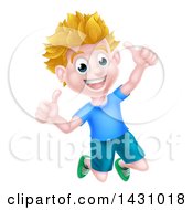 Poster, Art Print Of Cartoon Happy Excited Blond Caucasian Boy Jumping And Giving Two Thumbs Up