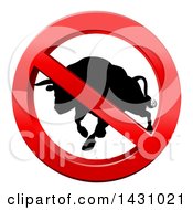 Clipart Of A No Bull Black Silhouetted Bovine Charging In A Shiny Red Prohibited Symbol Royalty Free Vector Illustration