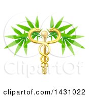 Clipart Of A Medical Marijuana Design With A Cannabis Plant Growing On A Gold Snake Caduceus Royalty Free Vector Illustration