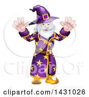 Clipart Of A Happy Old Bearded Wizard Waving With Both Hands Royalty Free Vector Illustration