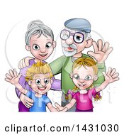 Poster, Art Print Of Cartoon Happy Caucasian Grandparents And Grand Children Waving