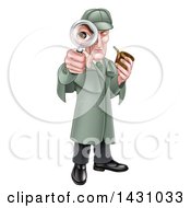Cartoon Full Length Cartoon Caucasian Male Detective Like Sherlock Homes Looking Through A Magnifying Glass And Holding A Pipe