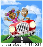 Poster, Art Print Of Happy Black Boy Driving A Girl In A Red Convertible Car On A Country Road