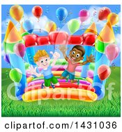 Cartoon Happy White And Black Boys Jumping On A Bouncy House Castle