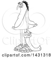 Clipart Of A Cartoon Black And White Lineart Caveman Holding A Roll Of Toilet Paper Royalty Free Vector Illustration