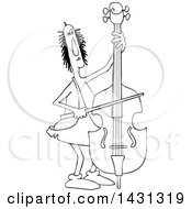 Clipart Of A Cartoon Black And White Lineart Caveman Musician Playing A Double Bass Royalty Free Vector Illustration