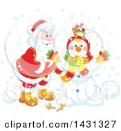 Poster, Art Print Of Happy Santa Putting Together A Winter Snowman