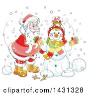 Poster, Art Print Of Cartoon Happy Santa Claus Putting Together A Winter Snowman
