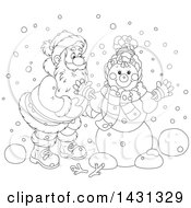 Poster, Art Print Of Cartoon Black And White Happy Santa Claus Putting Together A Winter Snowman