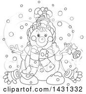 Poster, Art Print Of Cartoon Black And White Happy Winter Snowman With A Bell