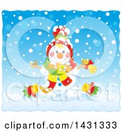 Poster, Art Print Of Happy Winter Snowman With A Bell In The Snow