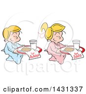 Clipart Of Cartoon Happy Blond Caucasian Children Carrying Cookies And Milk For Rudolph And Santa Royalty Free Vector Illustration by Johnny Sajem
