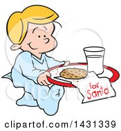 Poster, Art Print Of Cartoon Happy Blond Caucasian Boy Carrying A Cookie And Glass Of Milk For Santa